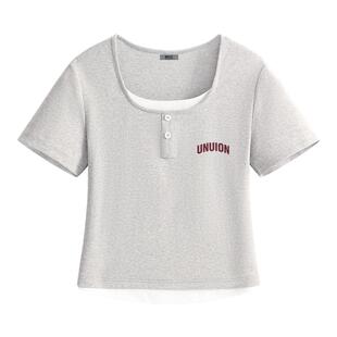 雪中飞美式短袖t恤女2026年新款夏季假两件半袖小个子开春穿搭PC