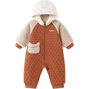 英氏婴儿加绒保暖连体衣连帽哈衣抗秋冬夹丝男童可爱女童春季衣服