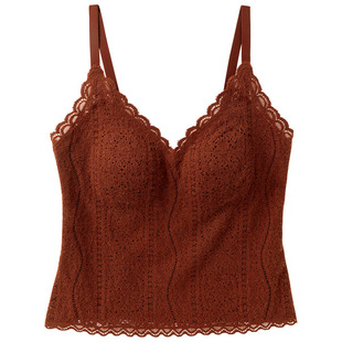 法式蕾丝V领保暖吊带背心女带胸垫免穿文胸加绒本命年红色秋衣