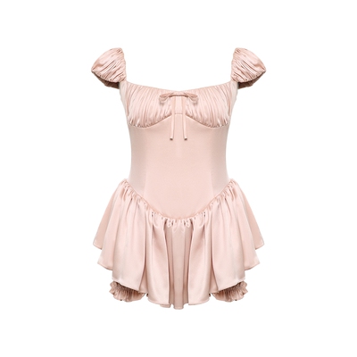 Maison Wester2025夏季新款甜美粉缎面收腰散摆连衣裙可露丽穿搭