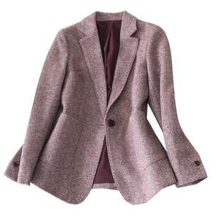 不雷同的美感紫红夹花拼皮袖毛呢西装春冬新品修身显瘦一粒扣外套