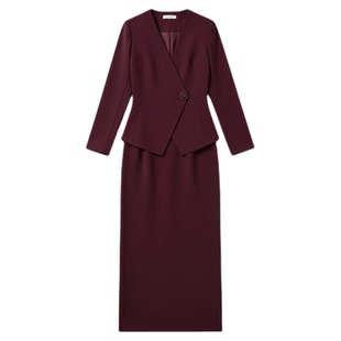 酒红色女婚庆西装套装年会主持人名媛气质高级感半身裙秋冬新中式