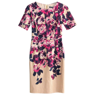 大码女装短袖圆领碎花收腰包臀开叉一步气质职业连衣裙子春夏秋季