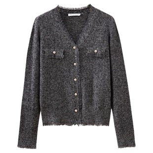 水云间灰色纯羊毛针织开衫外套女毛边长袖上衣叠穿内搭2026春新款