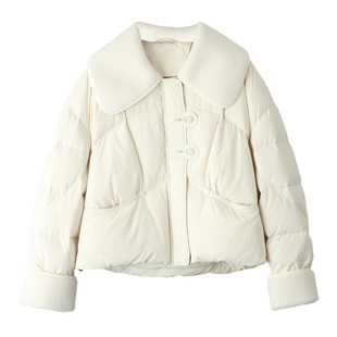 白色拼接翻领羊羔毛羽绒服女2026冬新款巨好看小香风娃娃领短外套