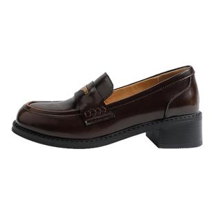 真皮~骄屿复古一脚蹬乐福鞋女厚底粗跟圆头单鞋百搭英伦风小皮鞋