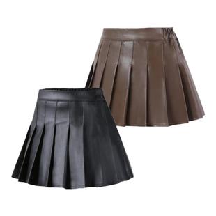 秋冬装女童高腰黑PU皮裙儿童百褶裙a字裙裤咖显瘦短半身裙子新款