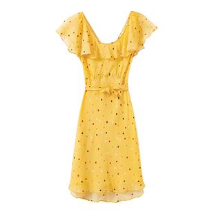 【夏日柠檬】桑蚕丝乔其纱 复古波点荷叶边领斜裁收腰A字连衣裙