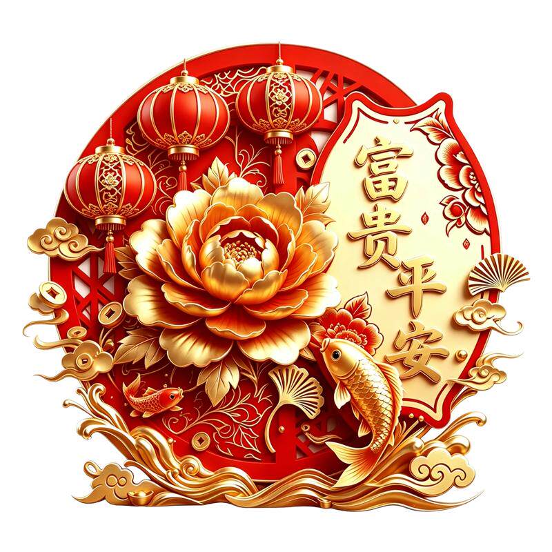 鎏金牡丹锦鲤墙贴富贵平安红灯笼新春喜庆吉祥防水自粘装饰贴纸画