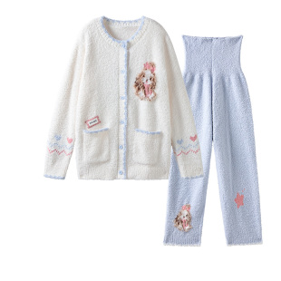 嫚熙月子服秋冬季小羊半边绒产妇哺乳孕妇睡衣加绒保暖家居服套装