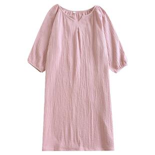 日系纯棉中袖睡裙女套头薄款纱布家居服连衣裙春夏季纯色简约宽松