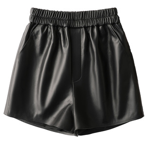 绵羊皮真皮短裤女2025新款欧洲站高腰显瘦松紧腰a字阔腿皮短裤潮