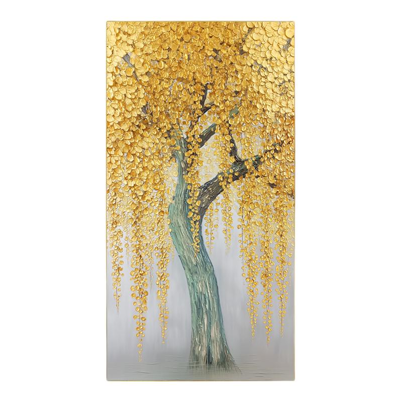 发财树手绘油画玄关装饰画竖版