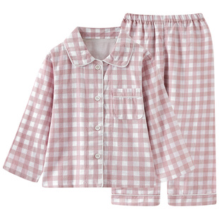 日系格子儿童春秋纯棉绒布睡衣套男童女童全棉磨毛棉布宝宝家居服