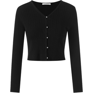 LANCY/朗姿2025夏新款简约高级开衫气质修身短款V领黑色针织衫女