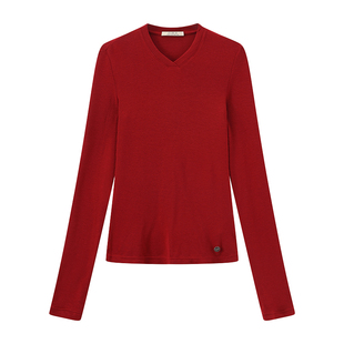 CUBIC纯色百搭羊毛混纺V领打底衫高弹柔软春款修身针织衫