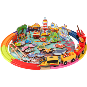 木制磁性钓鱼木头轨道磁性电动小火车3D场景海洋拼图互动益智玩具