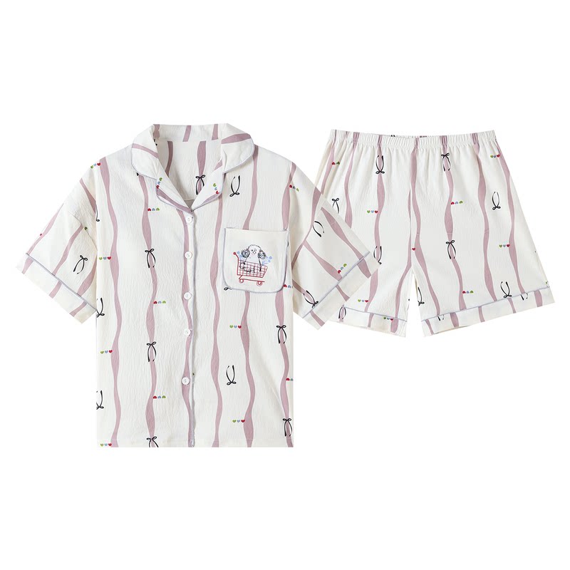 带胸垫睡衣套装女士夏季短袖开衫