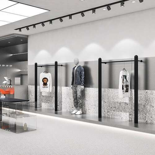 2022新款服装店展示架圆柱不锈钢黑色上墙挂衣架男女装店货架陈列