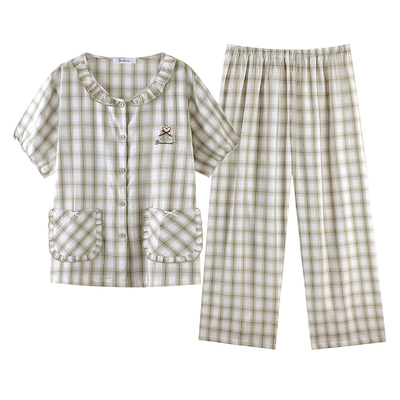 睡衣女夏季100%棉短袖长裤大码甜美凉感透气可外穿女生家居服套装