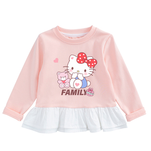 女童长袖t恤春秋款猫咪图案衣服儿童洋气花边上衣宝宝纯棉打底衫