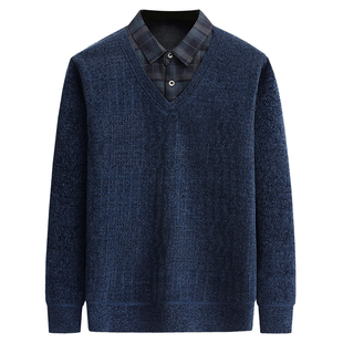 中老年爸爸冬装假两件衬衫加厚保暖毛衣中年男士新款雪尼尔打底衫