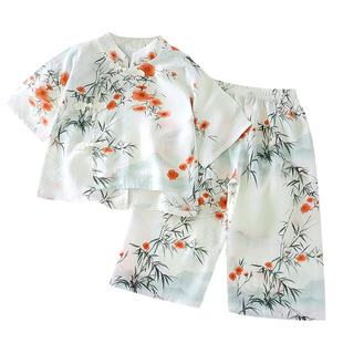 夏季女宝宝国风居家两件套1-6岁棉绸中袖薄款唾弃汉服家居服套装