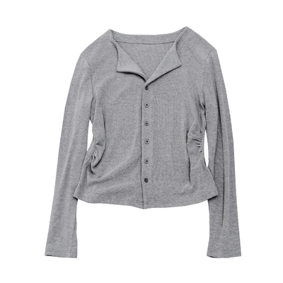 针织布小V领短款收腰衬衫