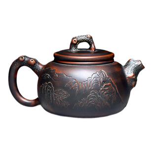 黎昌权双鹤延年钦州坭兴陶茶壶名家纯全手工雕刻紫泥壶仿古贴花
