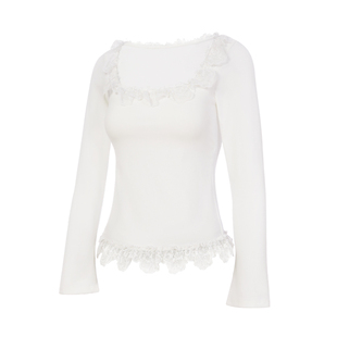 自带胸垫长袖T恤女方领白色保暖内搭打底衫蕾丝木耳花边低领上衣