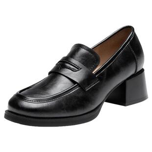 大东高跟乐福鞋女2026新款冬女鞋一脚蹬单鞋黑色英伦风粗跟小皮鞋