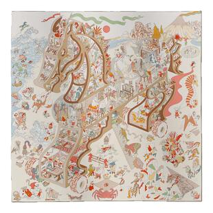 法式优雅斜纹真丝丝巾女士卡通图案【马术学院】100%桑蚕丝大方巾