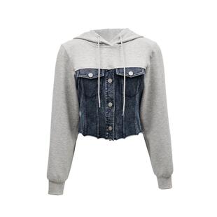 t区绫致VeroModa卫衣女秋冬拼接牛仔连帽套头短款卫衣运动