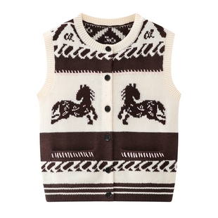 2026春季设计师款轻奢风女装无袖费尔岛毛织背心小竹马提花马甲女