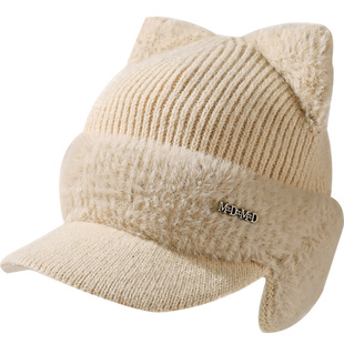 秋冬猫耳毛线鸭舌帽子女甜美可爱加绒棒球帽冬天护耳显脸小保暖帽