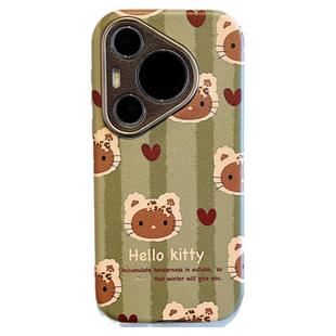 拓岚 适用华为mate60pro+手机壳秋冬绿色条纹卡通kitty猫头像pura70新款皮质折叠支架mate40/50pro挂绳网红女