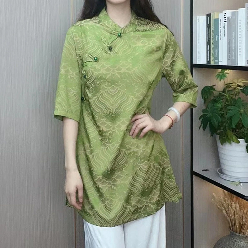 新款国风复古女装衬衣醋酸禅服奥黛衬衫女士改良旗袍上衣中式茶服