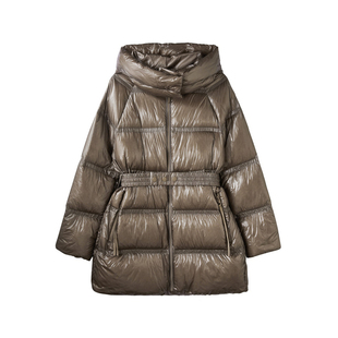 U/TI深咖啡色光泽感收腰羽绒服女装连帽鸭绒外套尤缇时尚冬季新款