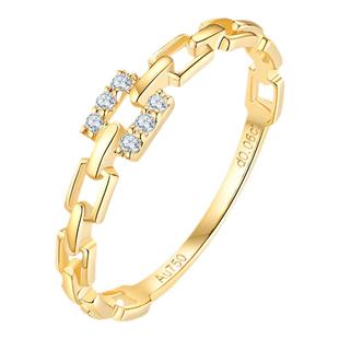 18k黄金链条钻石戒指女戒 天然钻石双环钻戒 小众设计时尚k金戒指