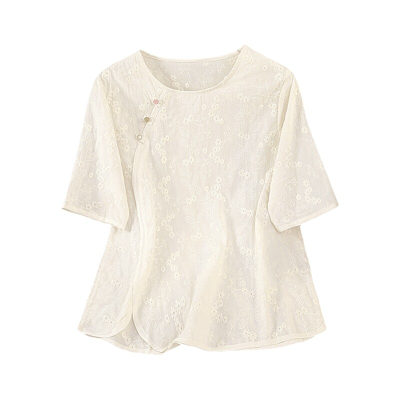 她池宽松款短袖国风套头刺绣衬衫