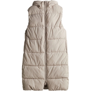 HM女装马甲冬季休闲双头拉链无袖连帽及膝棉背心0972317