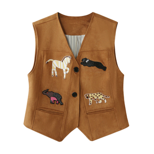 复古卡通装饰麂皮绒马甲背心女春秋独特别致外搭V领坎肩叠穿上衣