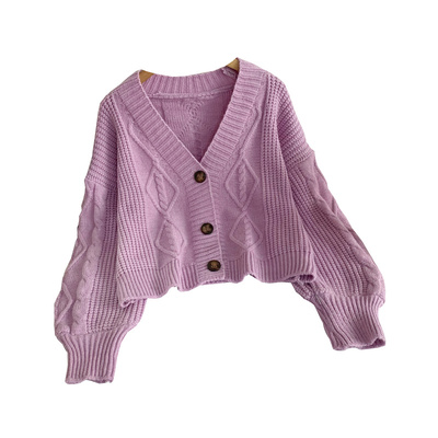 甜美短款V领长袖针织外套上衣