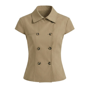 call it a day卡其色/白色翻领双排扣收腰短袖衬衫女正肩显瘦衬衣