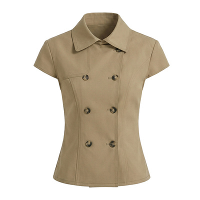 call it a day卡其色/白色翻领双排扣收腰短袖衬衫女正肩显瘦衬衣