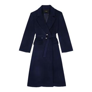 Maje Outlets秋冬女装松绒风羊毛混纺深蓝色收腰长款毛呢大衣外套