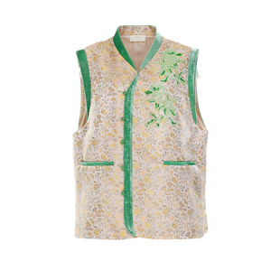 花木深刺绣国风马甲背心女秋新款拼接无袖立领坎肩提花新中式马夹