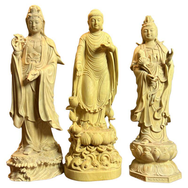 黄杨木精雕西方三圣佛像实木摆件