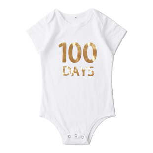 宝宝婴儿短袖烫金100DAYS白天纯棉长袖拍照包屁衣三角哈衣连体爬