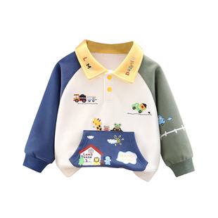 男童春秋卫衣2025新款小童宝宝拼色翻领上衣婴儿童男孩时髦打底衫